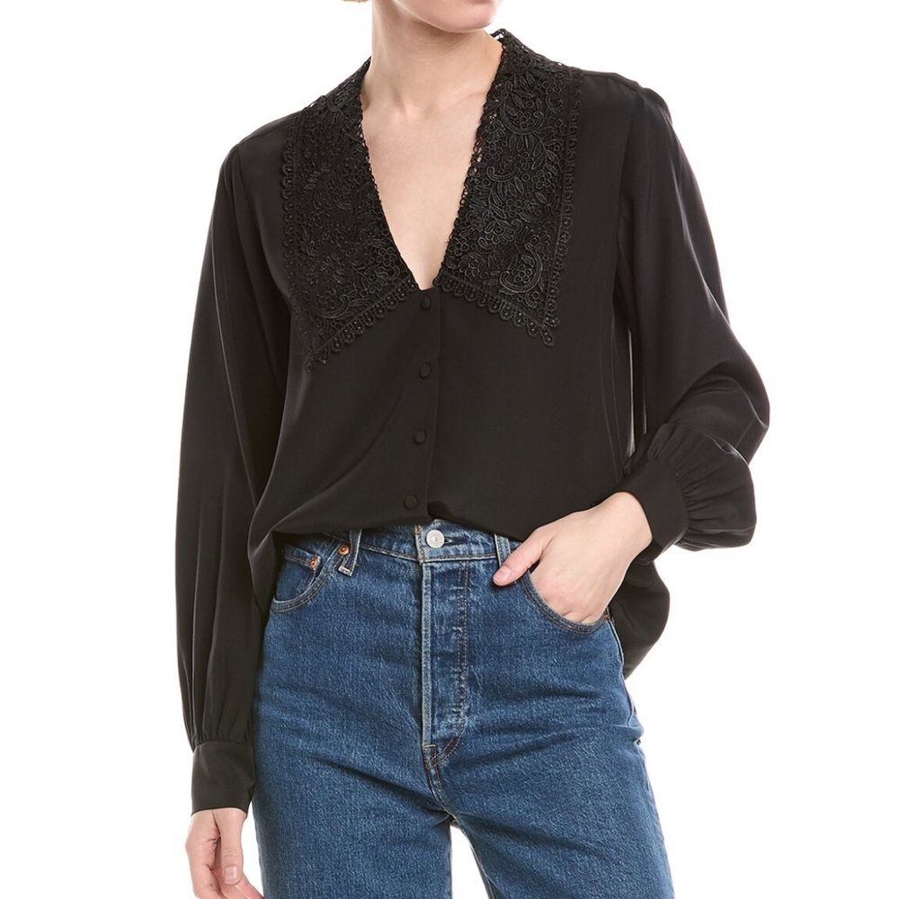 Frame Denim Womens Lace Puritan Collar Silk Blouse